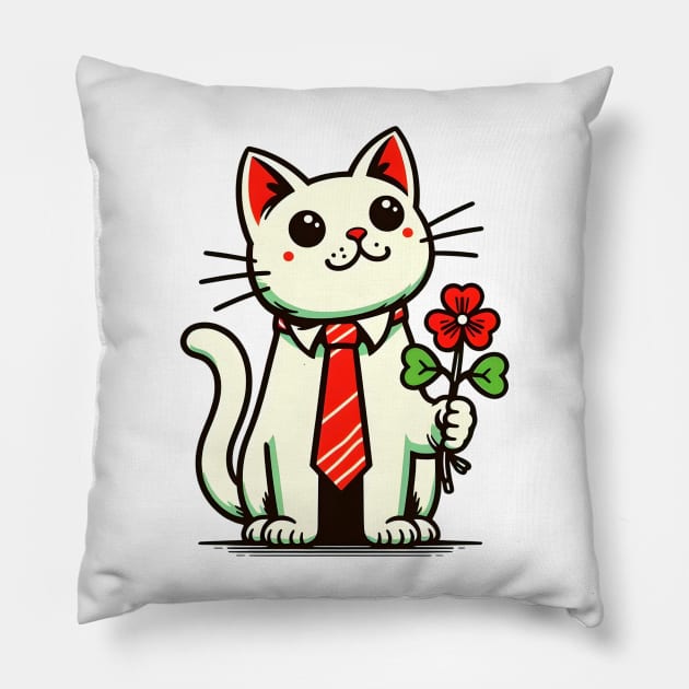 Cat Holding Shamrock for St Patricks Day Pillow by Rizstor