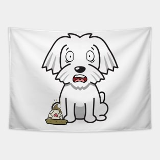 Funny white dog steps on a dirty diaper Tapestry