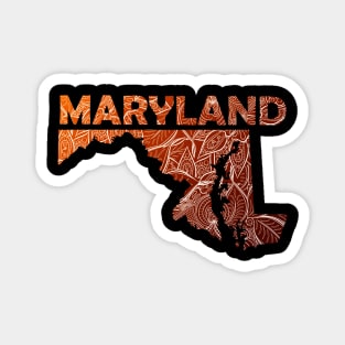 Colorful mandala art map of Maryland with text in brown and orange Magnet