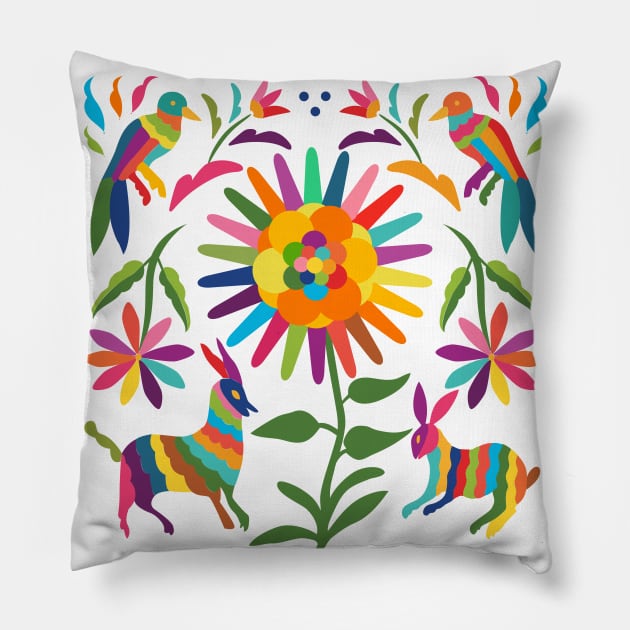 Mexican Otomí Floral Composition with birds, a goat, and a rabbit by Akbaly Pillow by Akbaly