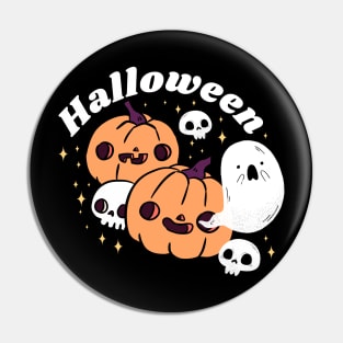Happy cute pumpkin heads with a skull and adorable ghost friends Pin