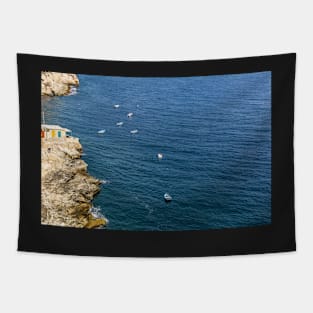 Top view on fishing boats in turquoise sea Tapestry