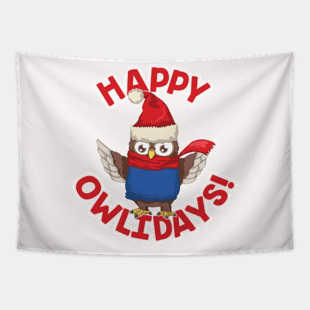 Happy Owlidays! Funny Owl santa Tapestry by savariya