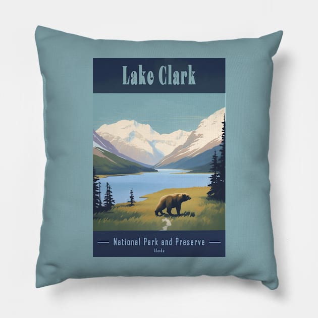 Lake Clark National Park Vintage Travel Poster Pillow by GreenMary Design