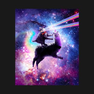 Laser Eyes Outer Space Cat Riding On Llama Unicorn T-Shirt