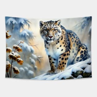 A Proud Snow Leopard Went Hunting, in the Snowy forest, Hight Mountains, Snow Falling, Winter Landscape, Wildlife White Pantera, Watercolor Realistic Illustration, Art, Portrait, Poster, Shirt, Christmas Tapestry