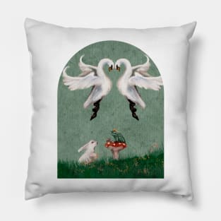 Fairytale Meeting A frog king and white rabbit meet in a spring meadow  with swans cottagecore watercolor Pillow