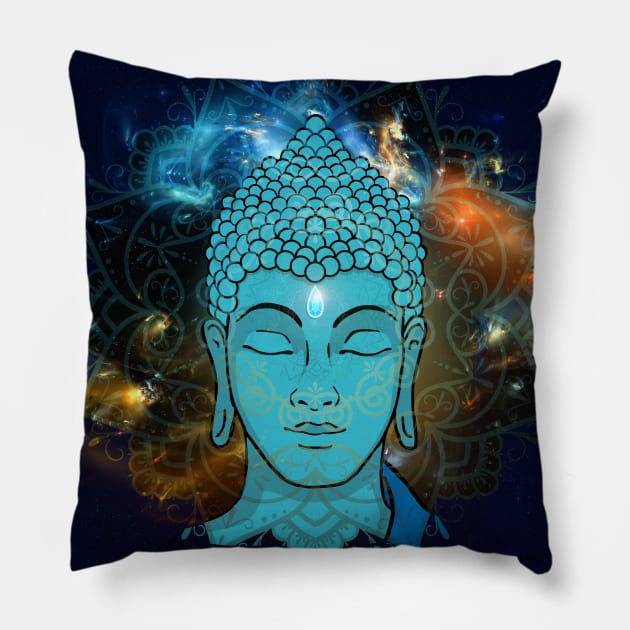 Buddha in the Galaxy Blue Face (background) Pillow by MandalaSoul