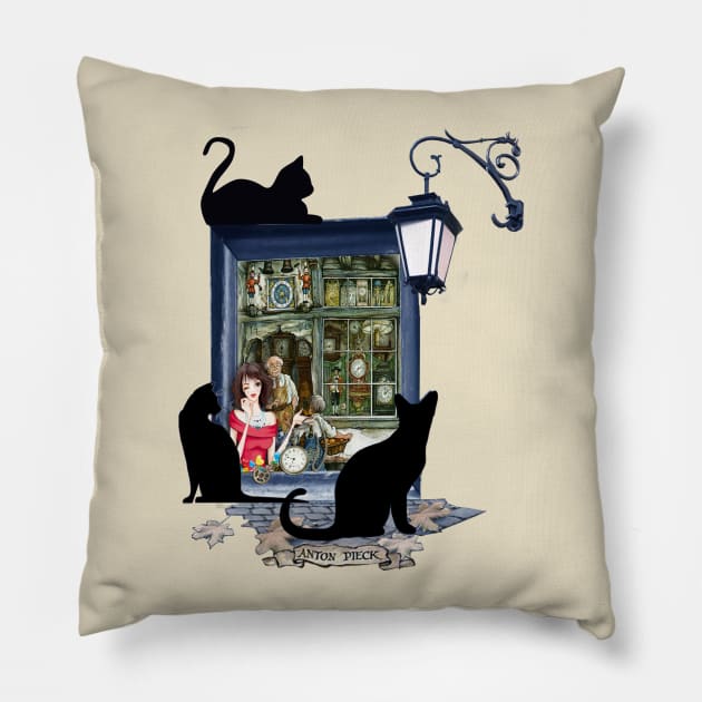 Clock maker shop in old Amsterdam Pillow by Just Kidding by Nadine May