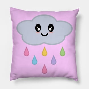 Kawaii Cute Rainbow Raindrop Rain Cloud in Pink Pillow