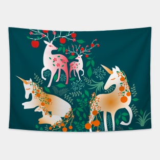 Once Upon a Time- Mystical Woodland with Apple Deers and Orange Unicorns Tapestry