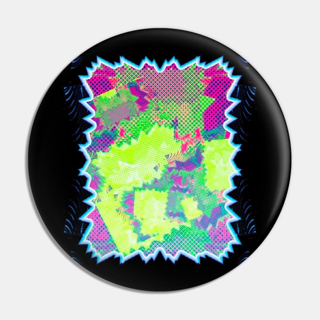 Funky Glitch Art Explosion - Neon Halftone Grunge Zine Style Pin by JDWFoto