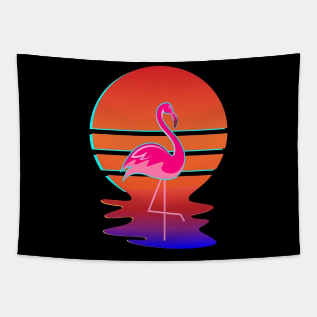 Pink Wading Flamingo in front of Retro Glitch Sunset Tapestry by Brobocop