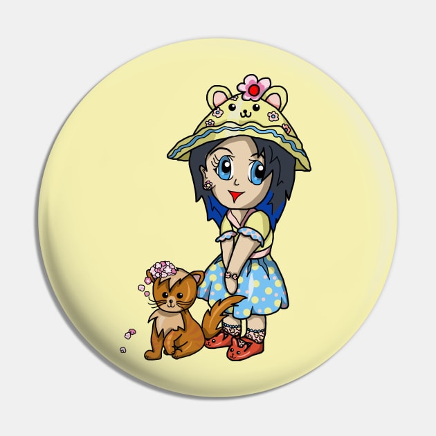 A cute cartoon girl with her cat and pink flowers Pin by cuisinecat