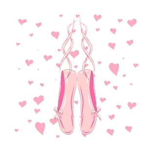 Sketch silhouette hand drawn pointes shoes, bow in pink colors. T-Shirt