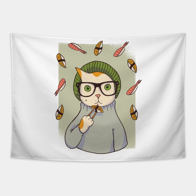 Hipster Cat eating Sushi Tapestry by madeinchorley