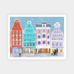 Winter City with Colorful Vintage Houses in the snow Magnet