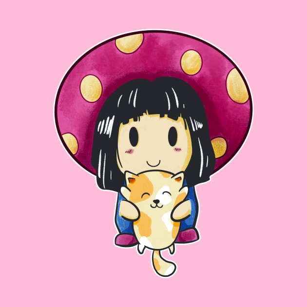 Mushroom Girl With Cat Cute Kawaii Anime Fun by Foxxy Merch