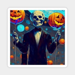 Spooky handsome skeleton in suit holding pumpkins balloons Magnet