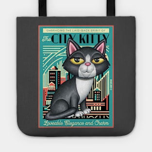 Black and white kitty on city kitty background in green Tote