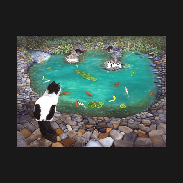 Tuxedo Cats at the Koi Pond by KarenZukArt