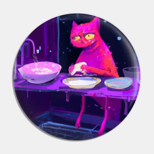 Pink Cat Creature Washes Dishes After a Long Night Pin