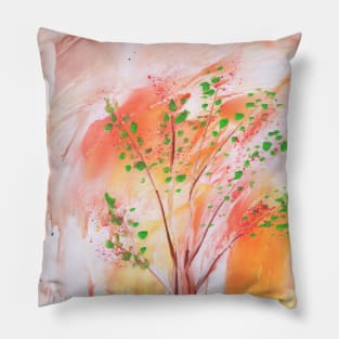 Plant, landscape, spring, summer, nature, ecology, trees, art. Hand drawn color illustration, painting, encaustic, wax. Pillow