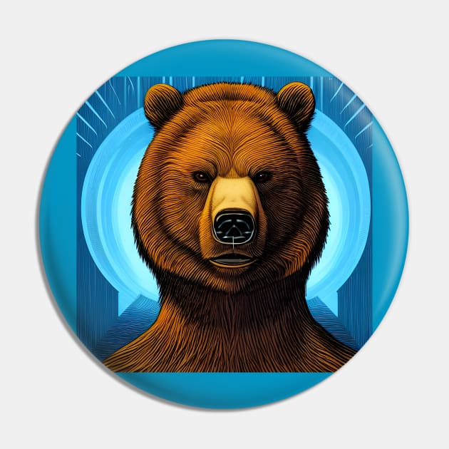 Modern Comic Book Art Stern Brown Bear Face Pin by Chance Two Designs