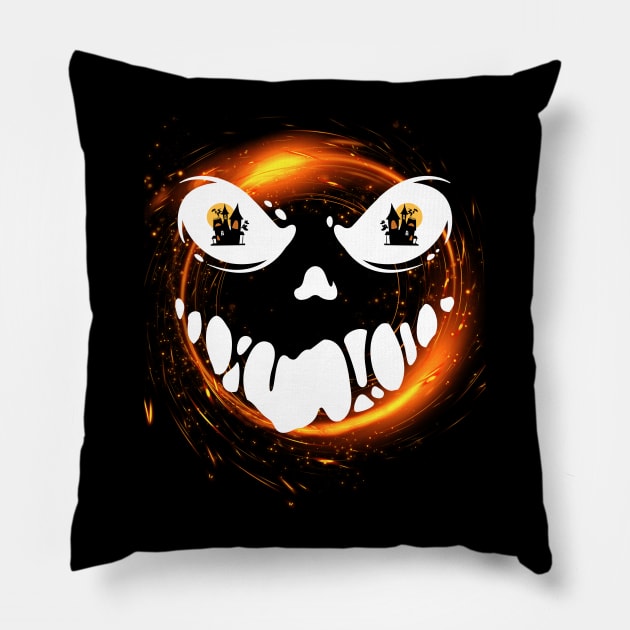 A skull in a cloud of fire with eyes on a haunted house Pillow by LordKaoz