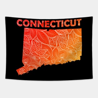 Colorful mandala art map of Connecticut with text in red and orange Tapestry