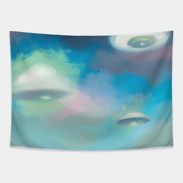 Dreamy UFOs in an Ethereal Blue Sky Tapestry by drumweaver