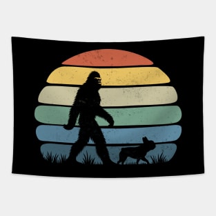 Bigfoot Hiking With a Bulldog Dog Vintage Distressed Outdoor Tapestry