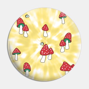 Aesthetic Red Hatted Mushrooms and Butterflies on a Yellow Pastel Tie Dye Background Pin