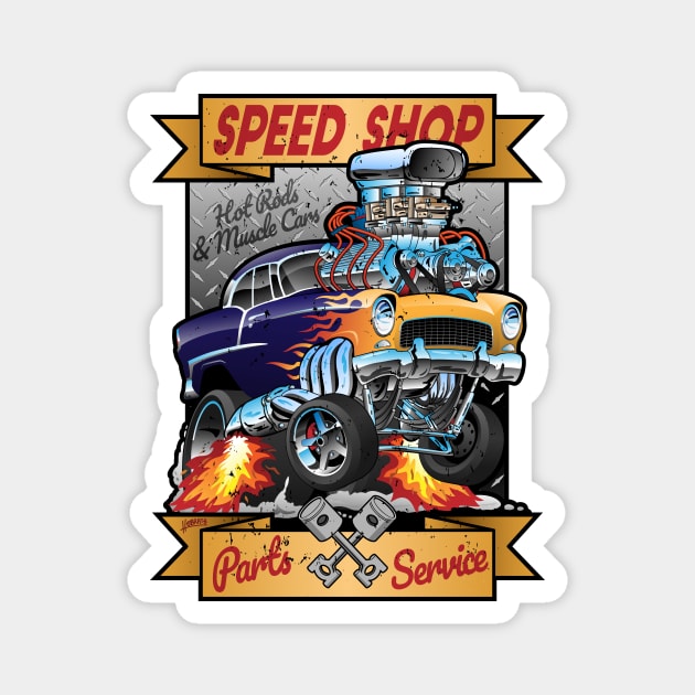 Speed Shop Hot Rod Muscle Car Parts and Service Vintage Cartoon Illustration Magnet by hobrath