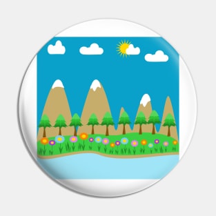 A scenic landscape with a mountains, trees,  sky, clouds and a river with boat Pin
