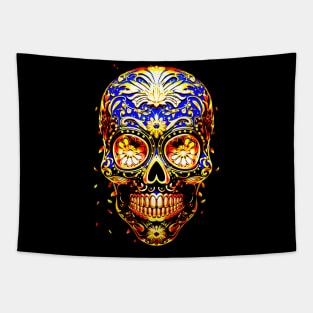 Psychedelic colored skull with flowers as eyes Tapestry