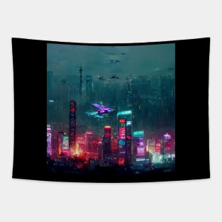 Flight Zone - Cyberpunk Cityscape Skyline Tapestry