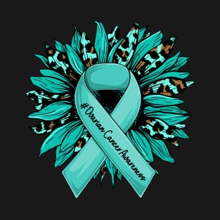 Leopard Sunflower Teal Ribbon Ovarian Cancer Awareness T-Shirt