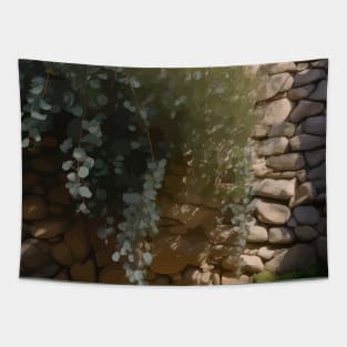 Eucalyptus Leaves on a Cottagecore Stone Wall Tapestry