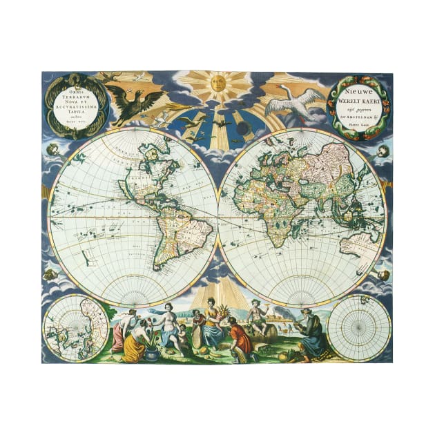 Antique World Map by Pieter Goos, 1666 by MasterpieceCafe