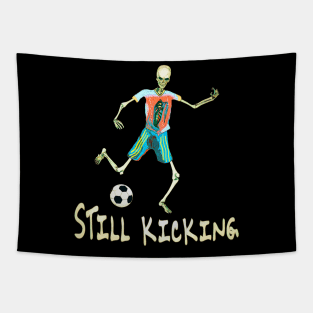 Skeletal Striker: Unleash the Action with our Bone-Chilling Soccer Player Graphic! Kick Into the Extraordinary with this Spine-Tingling Design Tapestry