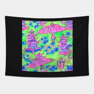 Pink and green chinoiserie pagodas Tapestry