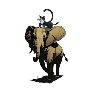 Hilarious Cat Riding Elephant - Whimsical Animal Adventure T-Shirt