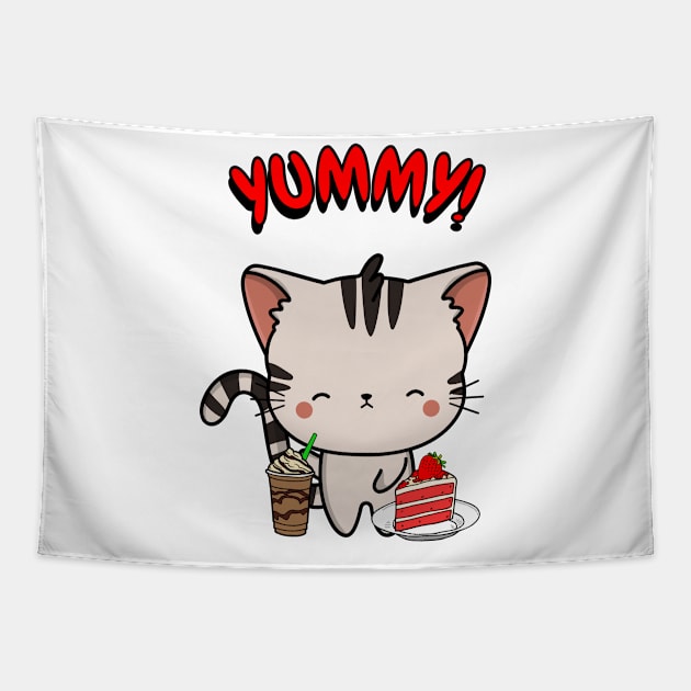 Cute tabby cat is having coffee and cake Tapestry by Pet Station