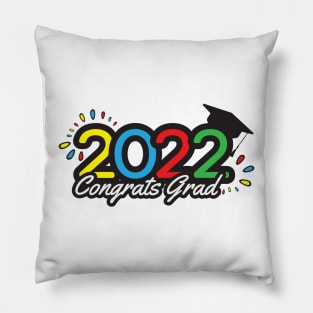 Class of 2022 colorful banner, Yellow Blue Red Green numbers, academic cap and Congrats grad greeting on White background Pillow