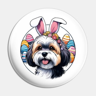 Lowchen Enjoys Easter with Bunny Ears and Eggs Pin