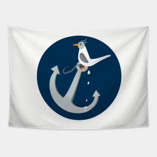 Funny seagull taking a poop on anchor Tapestry