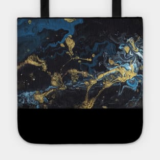 Liquid art. Abstract black-blue-gold background with hand-painted marble texture. Best for the print, fabric, poster, wallpaper, cover and packaging, wrapping paper. Christmas holiday mood. Tote