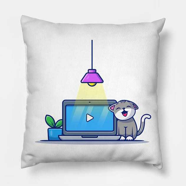 Cute Cat With Laptop And Plant Pillow by Catalyst Labs