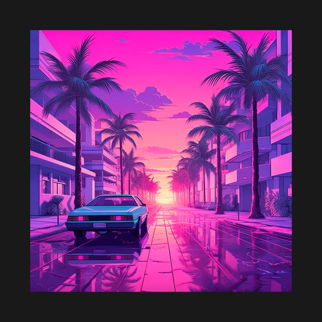 Vaporwave Retrowave Synthwave Vintage Sunset - Palm Trees - City - Retro Car by bullquacky